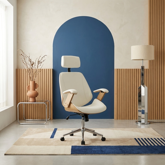 Chaise de bureau à roulettes décor bois courbé et simili cuir MICHAEL