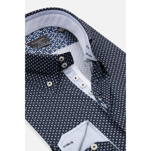 Camicia Uomo 2 Bottoni Button Down Slim Popeline Stretch Stampato Blu\Bianco