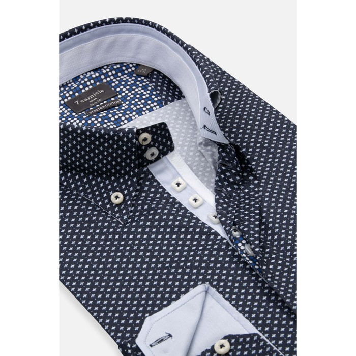 Camicia Uomo 2 Bottoni Button Down Slim Popeline Stretch Stampato Blu\Bianco