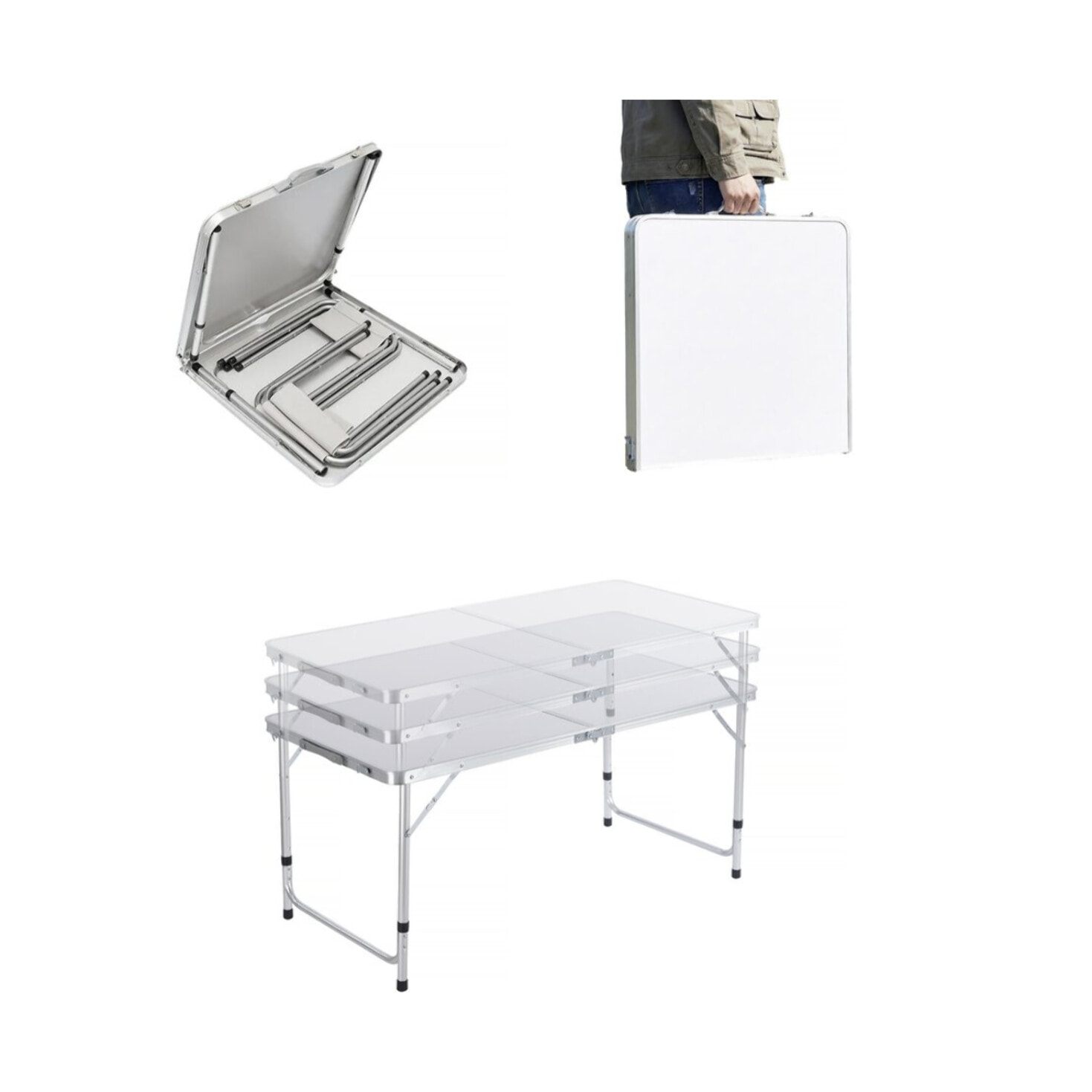 Ensembe table de camping et 4 tabourets pliants - 125 x 60 cm - Blanc