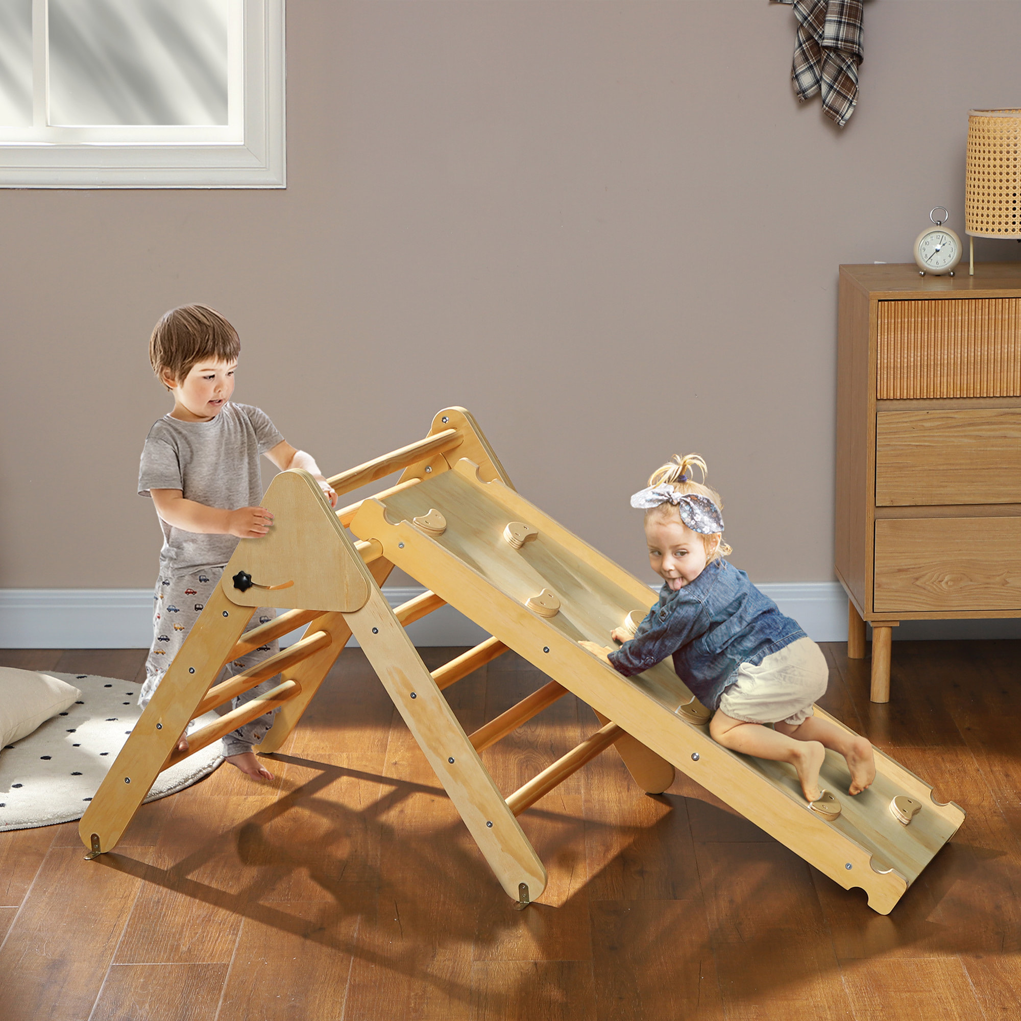 Ensemble d'escalade en bois 3 en 1 - triangle Pikler, toboggan, rampe - panneaux bois pin