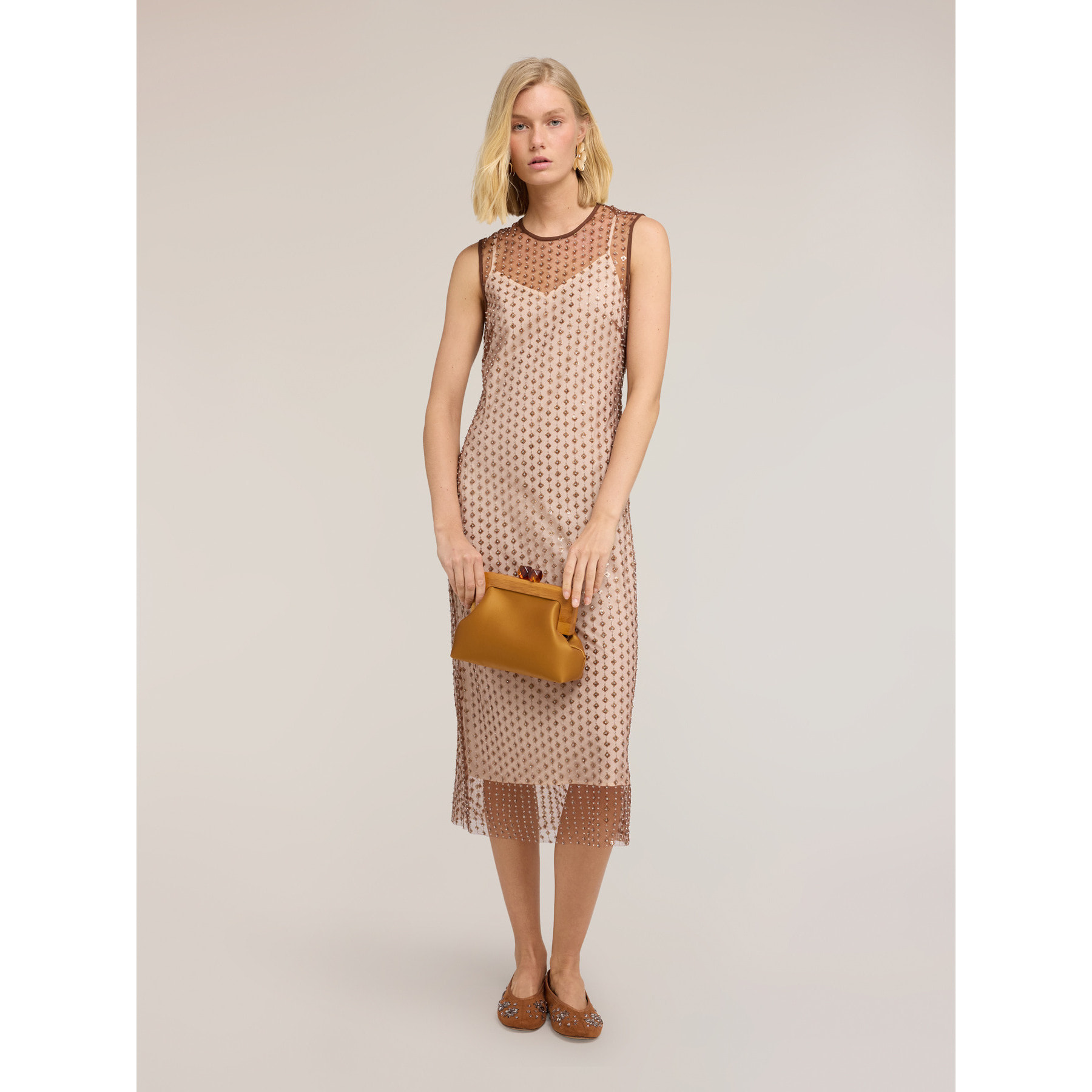 Motivi - Vestido tubo de tul bordado - Beige