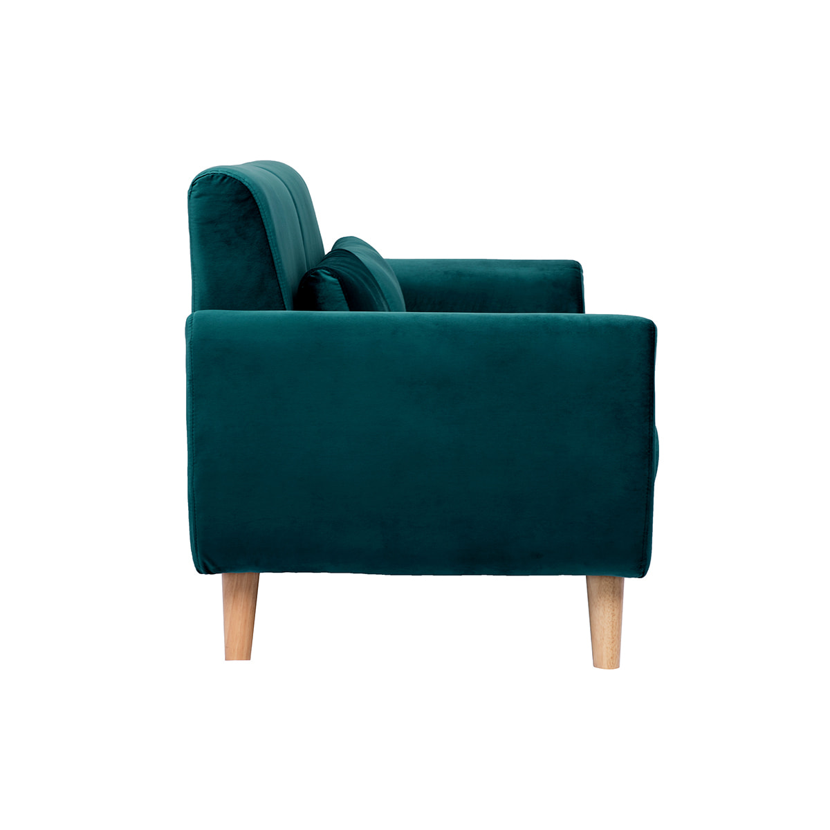 Canapé scandinave 2 places en tissu velours bleu pétrole et bois clair EKTOR