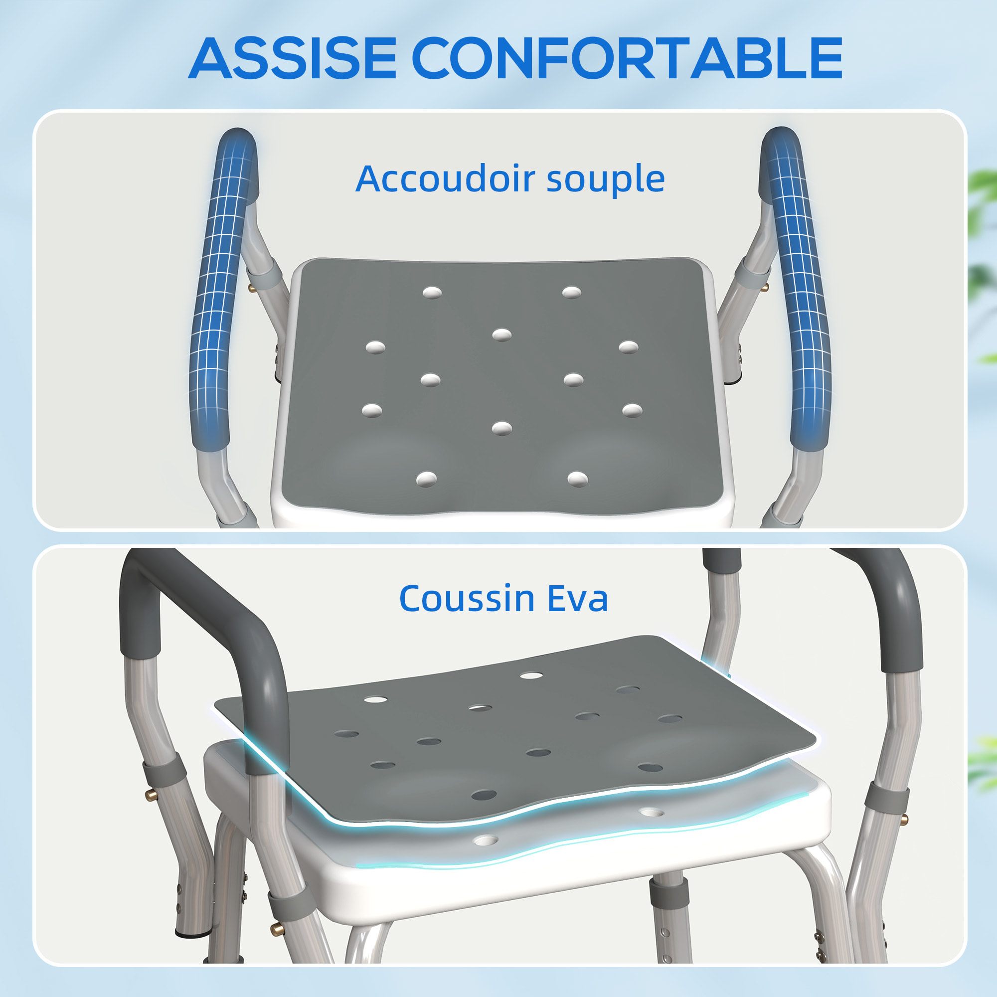Chaise de douche tabouret de douche antidérapant - hauteur réglable, accoudoirs - alu HDPE gris
