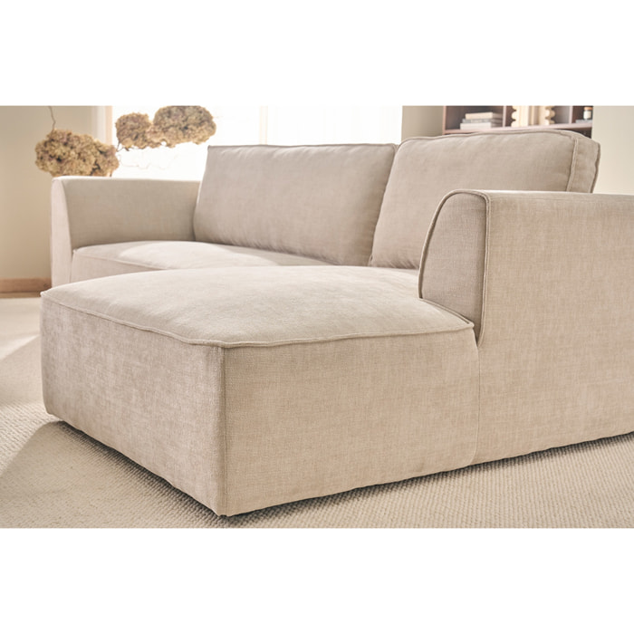 Canapé d'angle droit design en tissu effet velours texturé beige 3 places GRAMMY