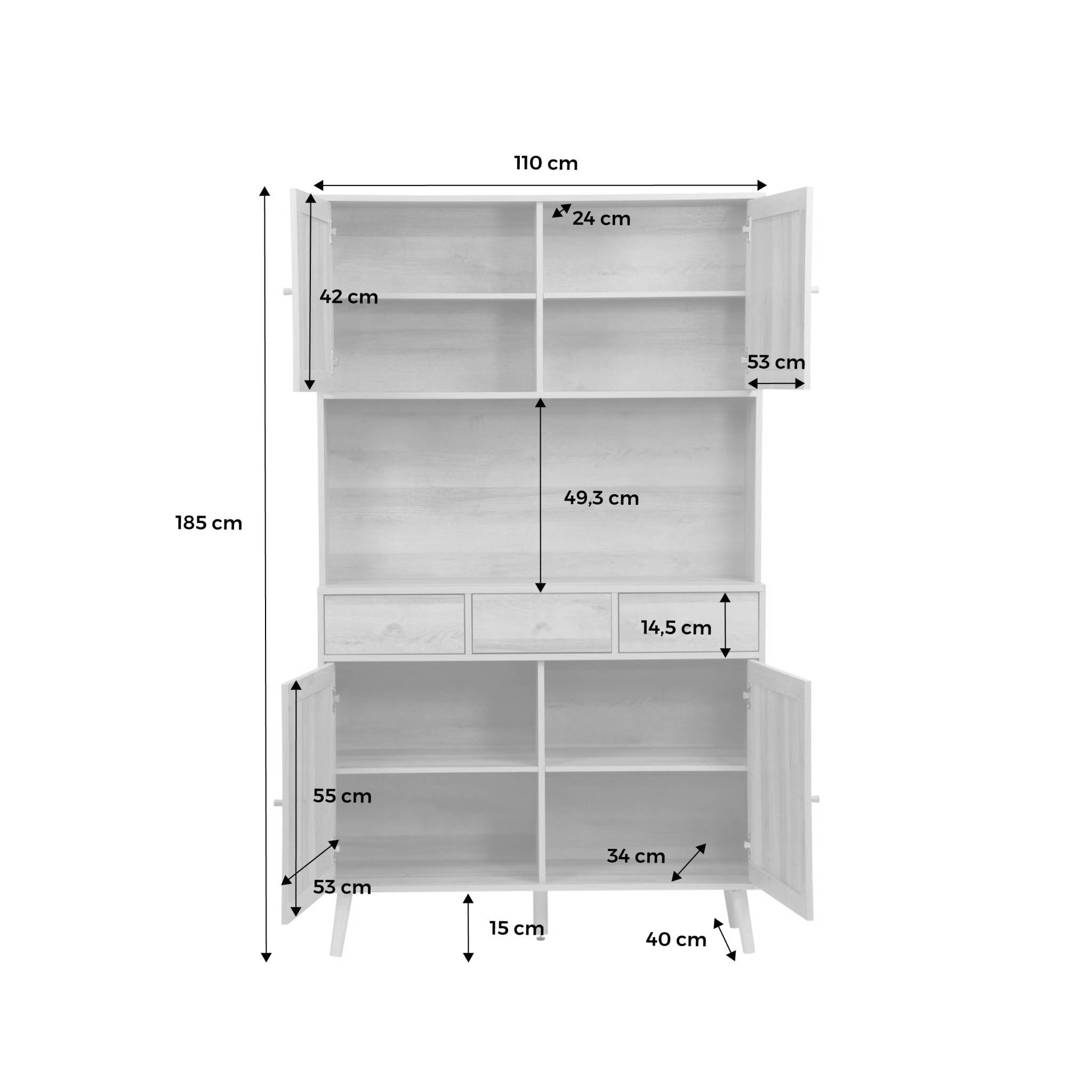 Buffet décor bois et cannage 4 portes 3 tiroirs 110 cm BOHÈME