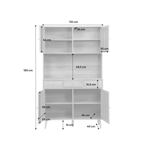 Buffet décor bois et cannage 4 portes 3 tiroirs 110 cm BOHÈME