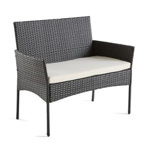 Marbella - salon bas de jardin 4 places - en résine tressée - noir avec coussins beiges - Noir / Blanc