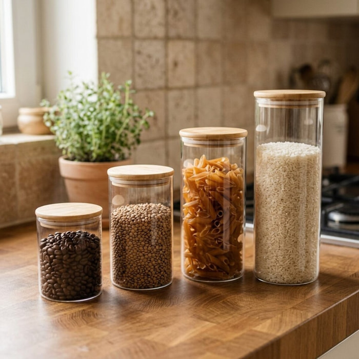 Set de 4 boîtes de conservation en verre avec couvercle en Bambou Fackelmann Nature