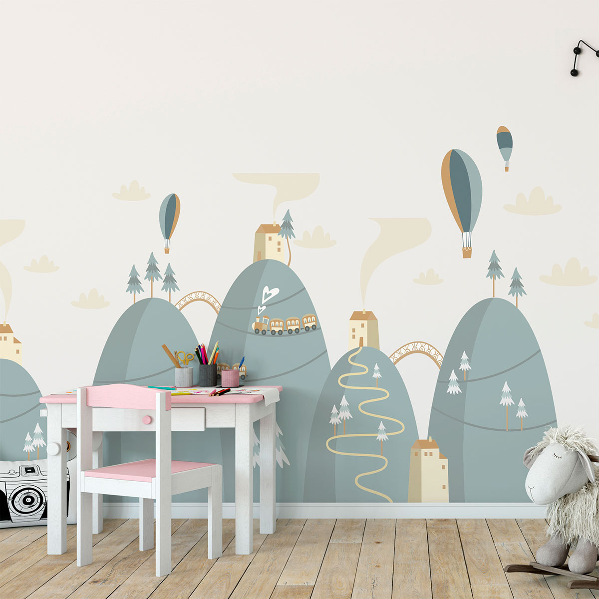 Stickers muraux enfants - Décoration chambre bébé - Autocollant Sticker mural géant enfant montagnes scandinaves MONTGOLFIÈRES HAUT DANS LE CIEL