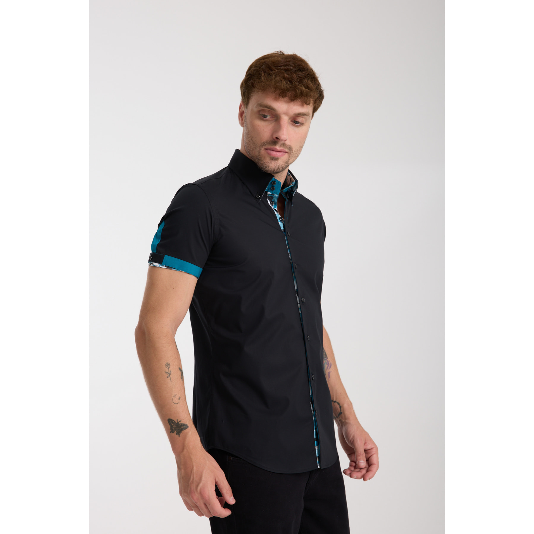 Camicia Uomo Manica Corta 2 Bottoni Button Down 7 Botto Popeline Stretch Unito Nero