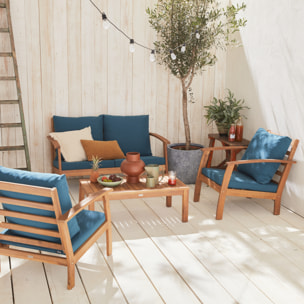 Salon de jardin en bois 4 places - Ushuaïa - Coussins bleu canard. canapé. fauteuils et table basse en acacia. design