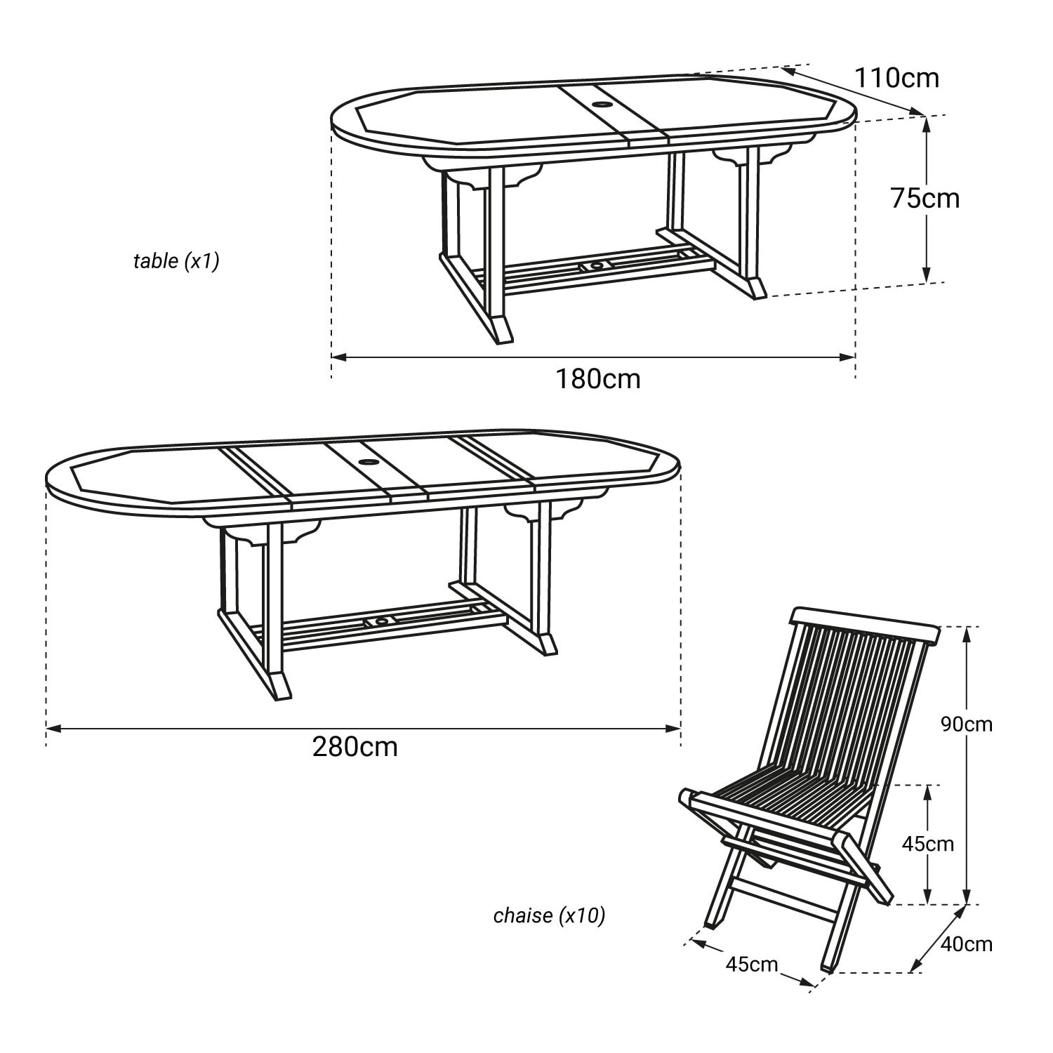 Salon de jardin en teck LOMBOK - table ovale extensible - 10 places