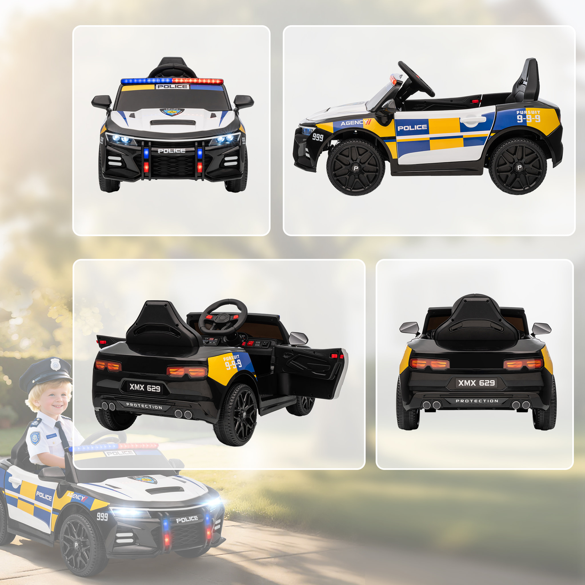 Coche Eléctrico para Niños de Policía, Coche de Batería para Niño de +3 Años 12V, con Mando a Distancia 2,4G, Luces, Sirena, Música, USB, Suspensión de Muelle, Multicolor