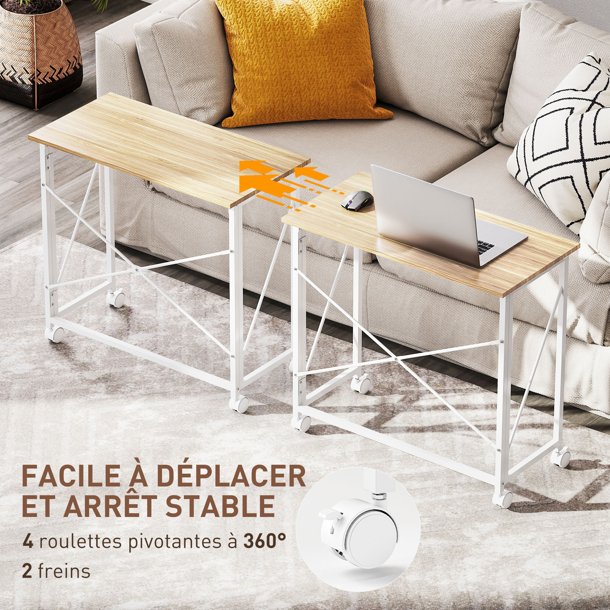 Bureau pliable à roulettes dim. 80x40cm acier blanc effet chêne clair