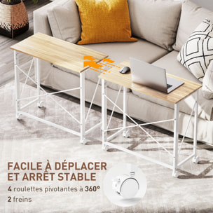 Bureau pliable à roulettes dim. 80x40cm acier blanc effet chêne clair
