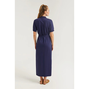 Vestito blu scuro con maniche dolman e ricamo tono su tono