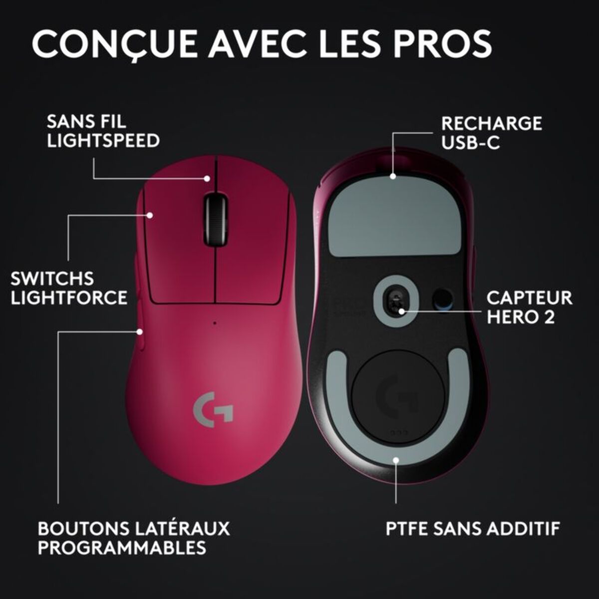 Souris Gamer Sans Fil LOGITECH Pro X SUPERLIGHT 2 DEX LIGHTSPEED ROSE