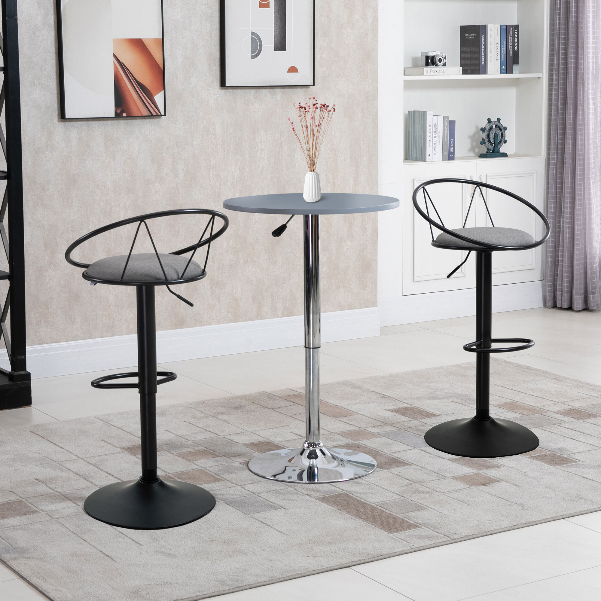 Lot de 2 tabourets de bar design néo-rétro réglable pivotant avec repose-pied métal noir lin gris