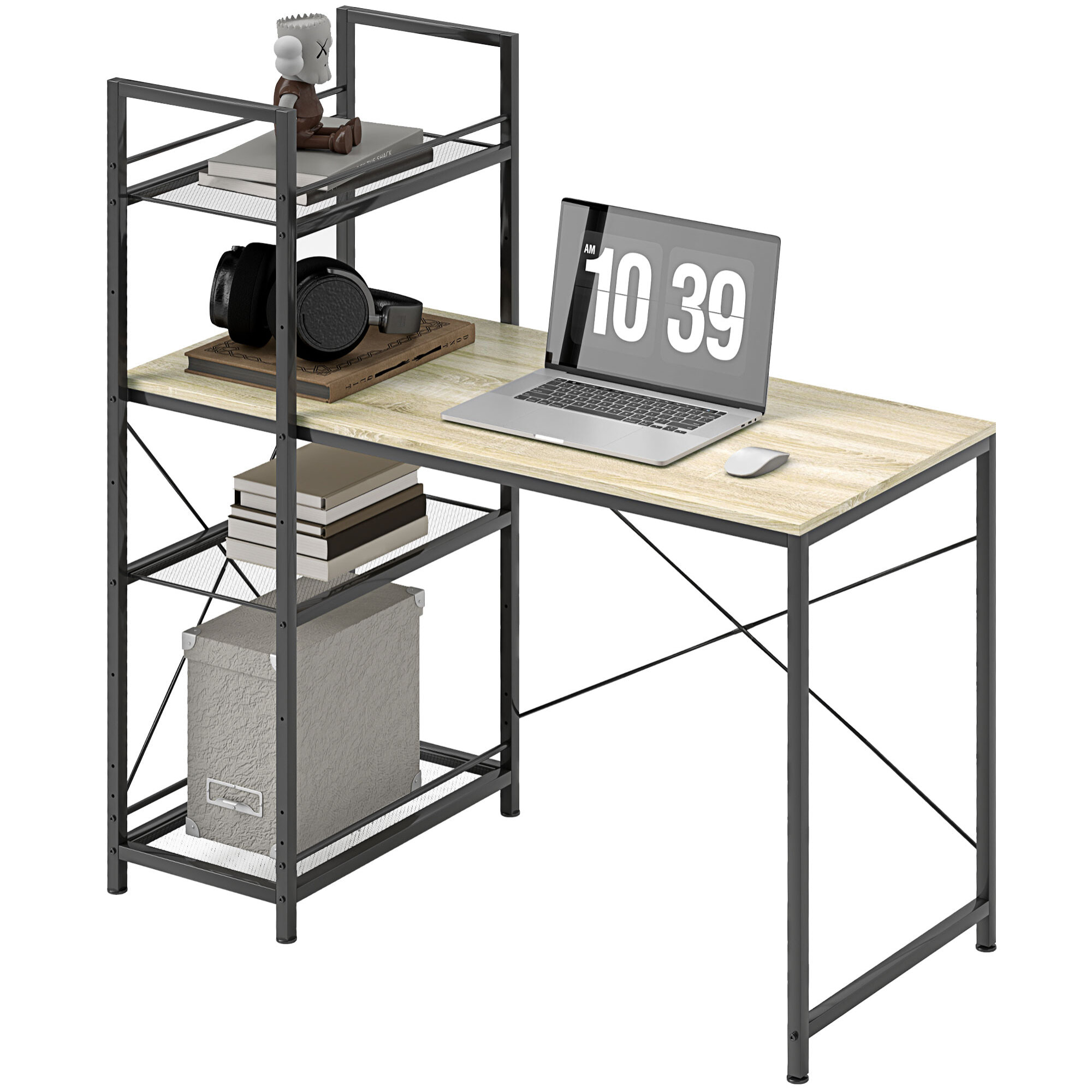 Escritorio con Estantería Reversible Industrial Escritorio con Marco de Acero Mesa de Estudio para Oficina Dormitorio 110x53x115,5 cm Roble y Negro