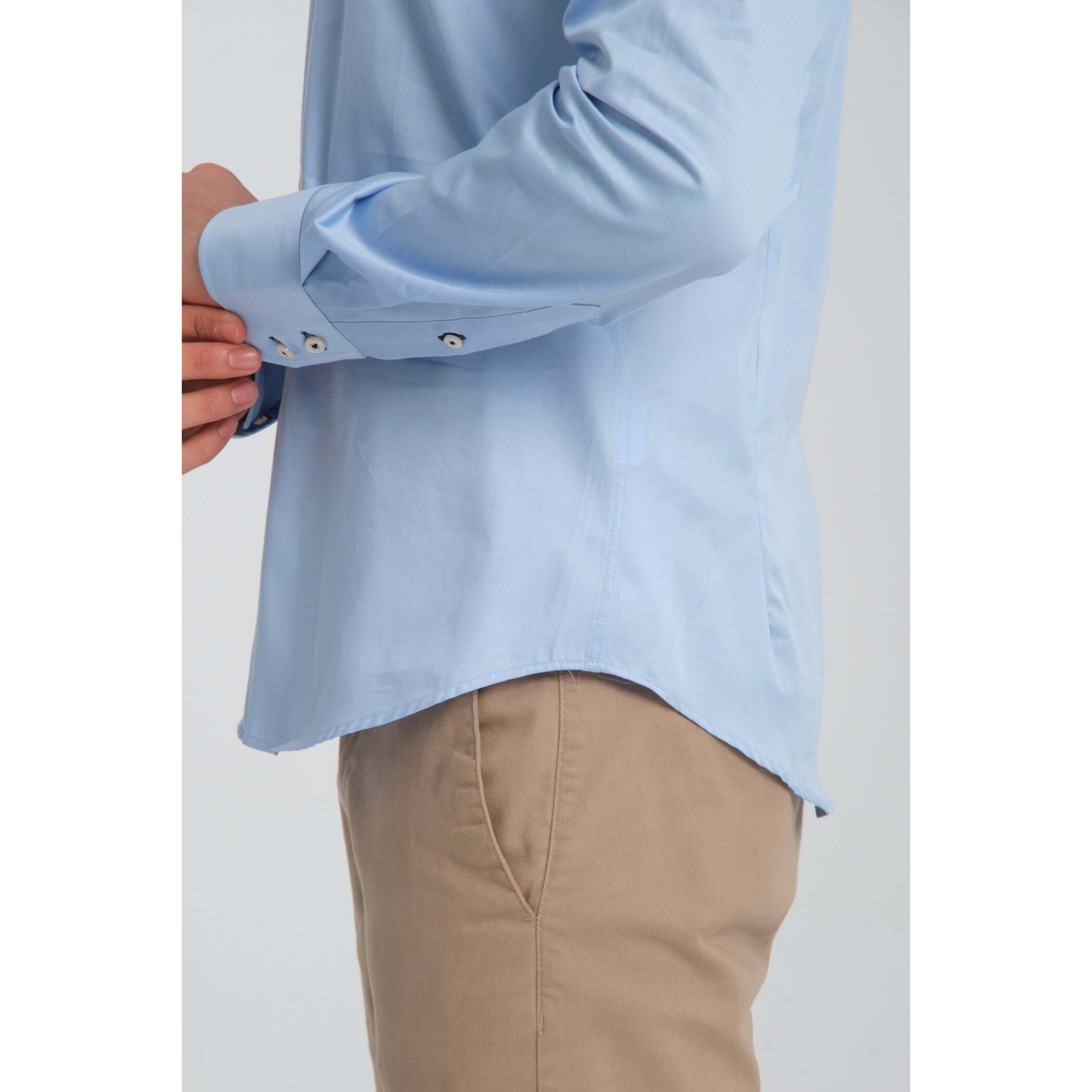 Camicia Uomo 2 Bottoni Button Down Triplo Collo Slim Satin Unito Celeste