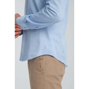 Camicia Uomo 2 Bottoni Button Down Triplo Collo Slim Satin Unito Celeste
