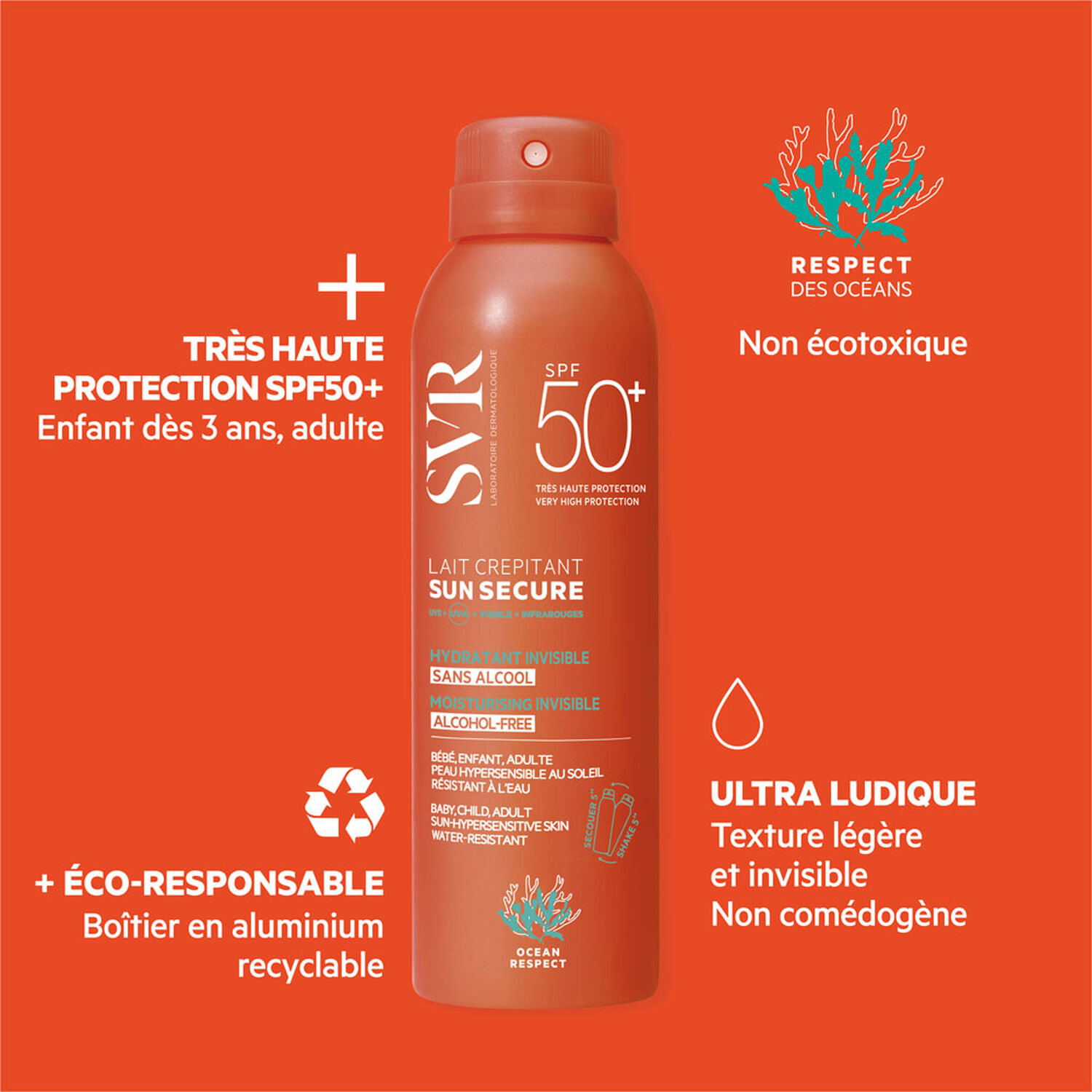 Sun Secure - Lait Crépitant Hydratant Invisible Sans Alcool SPF50+ 200 ml