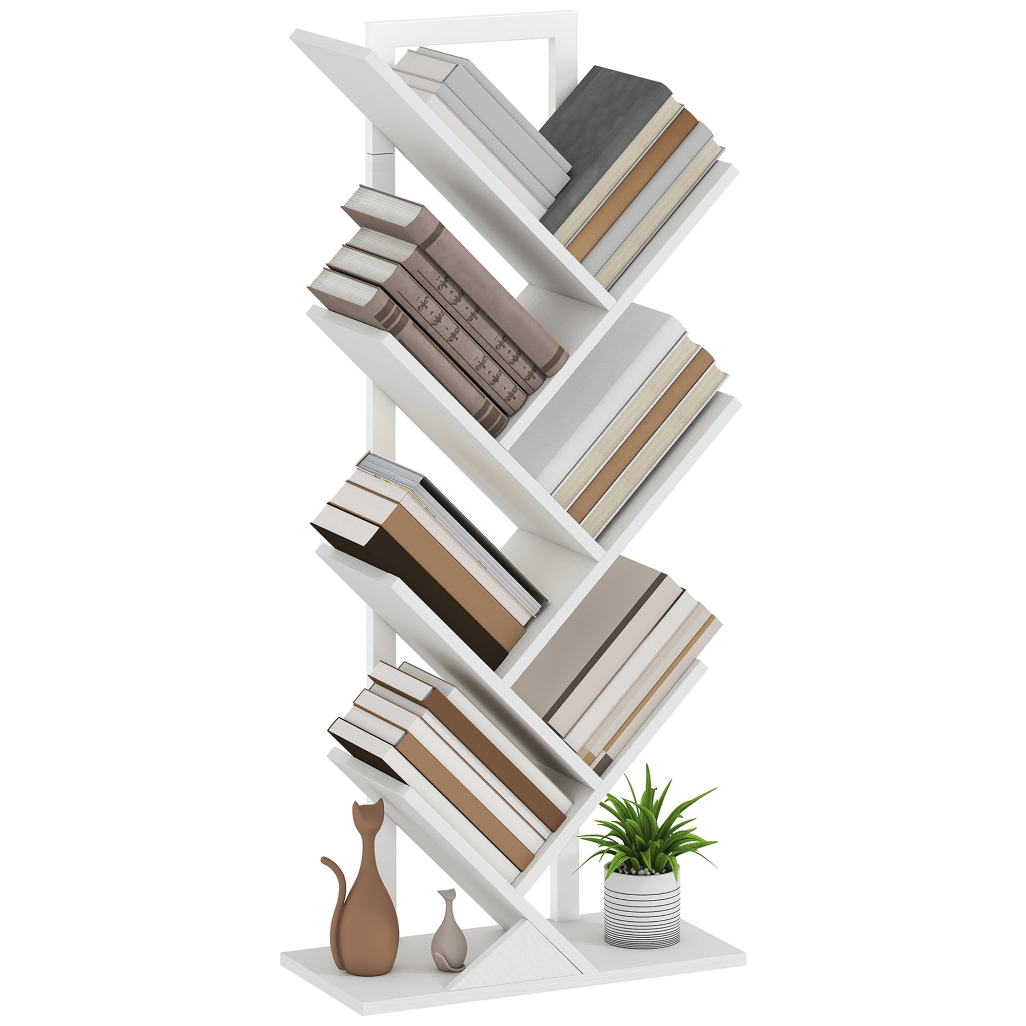 Librería en Forma de Árbol de 7 Niveles, Estantería de Libros con 7 Estantes, Estructura de Acero, para CD, DVD, Álbumes, Sala de Estar, Oficina, Estudio, Dormitorio, 50x24x109 cm, Blanco