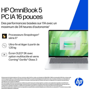 Ordinateur portable HP OmniBook 5 16-bf0005nf 16 pouces OLED Snapdragon X 16 Go RAM LPDDR5x SSD 512 Go Copilot+PC