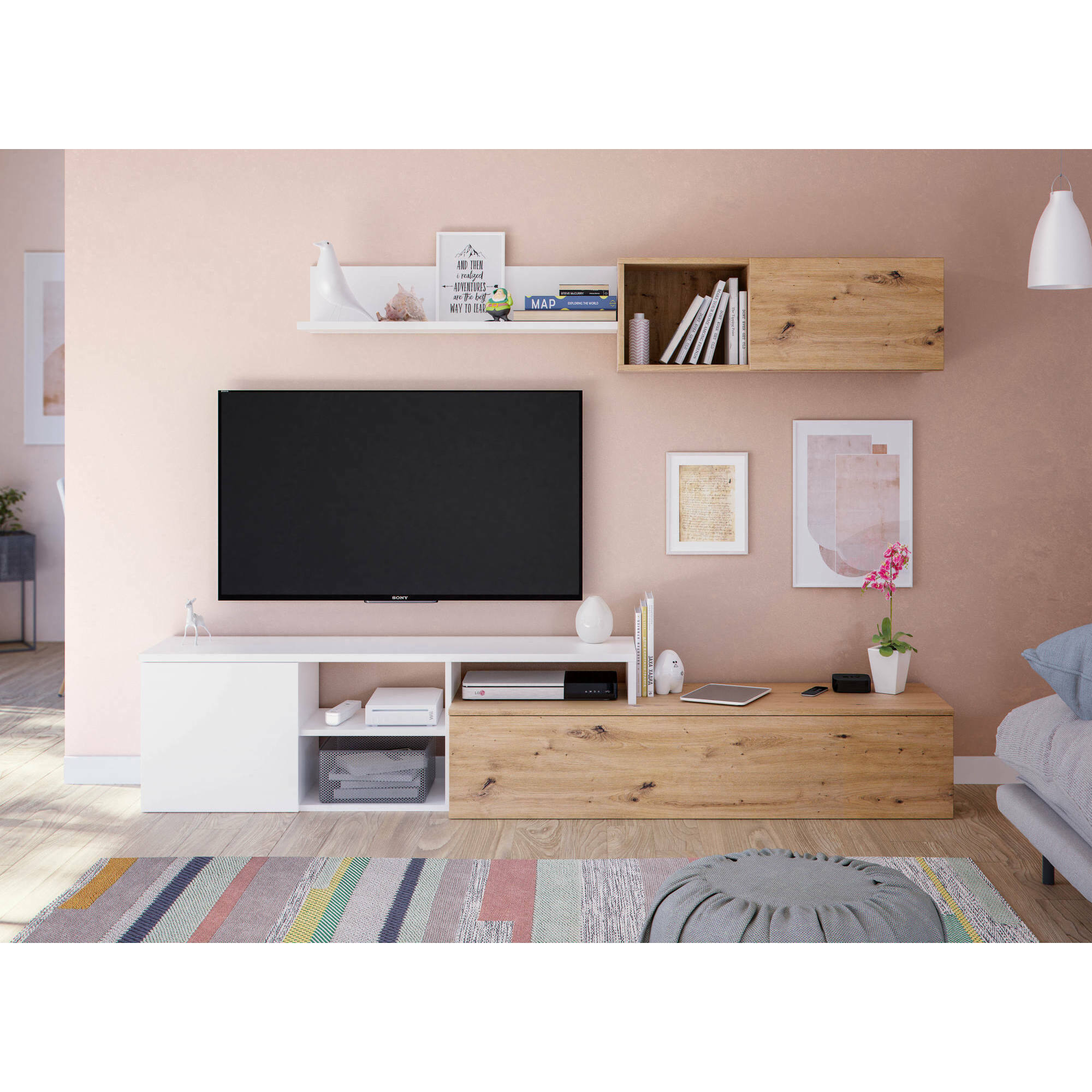 Parete attrezzata Aligator, Mobile da soggiorno porta TV reversibile, Composizione per salotto con pensile e mensola, 220x40h44 cm, Rovere effetto nodi e Bianco