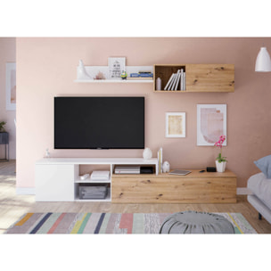 Parete attrezzata Aligator, Mobile da soggiorno porta TV reversibile, Composizione per salotto con pensile e mensola, 220x40h44 cm, Rovere effetto nodi e Bianco