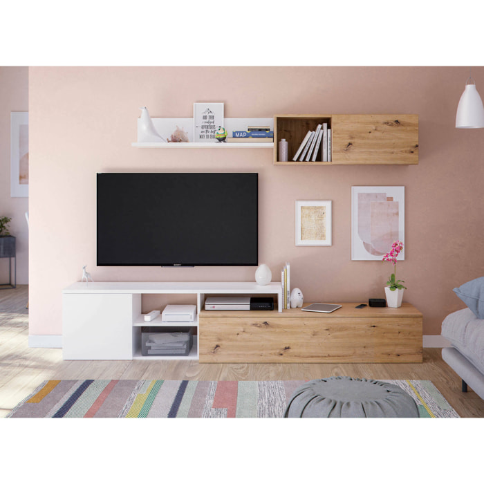 Parete attrezzata Aligator, Mobile da soggiorno porta TV reversibile, Composizione per salotto con pensile e mensola, 220x40h44 cm, Rovere effetto nodi e Bianco