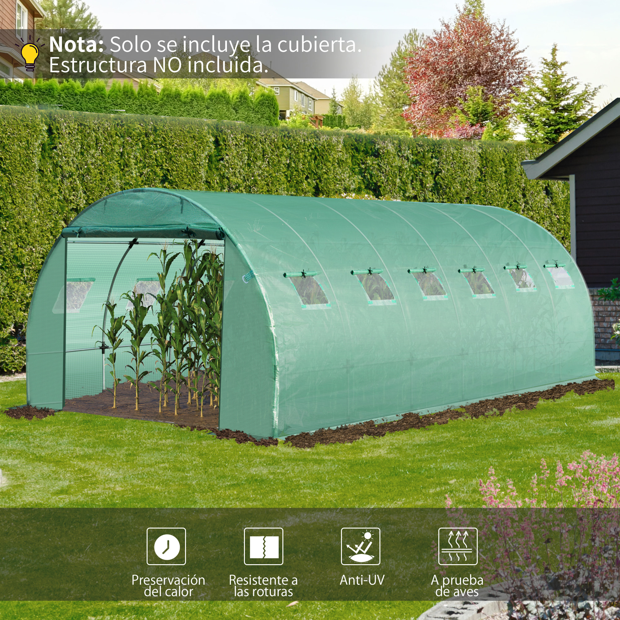 Cubierta de Invernadero de TáÂºnel 6x3x2 m Cubierta de Repuesto Invernadero Polietileno con 12 Ventanas y Puerta Enrollable Protección de Plantas para Jardín Verde