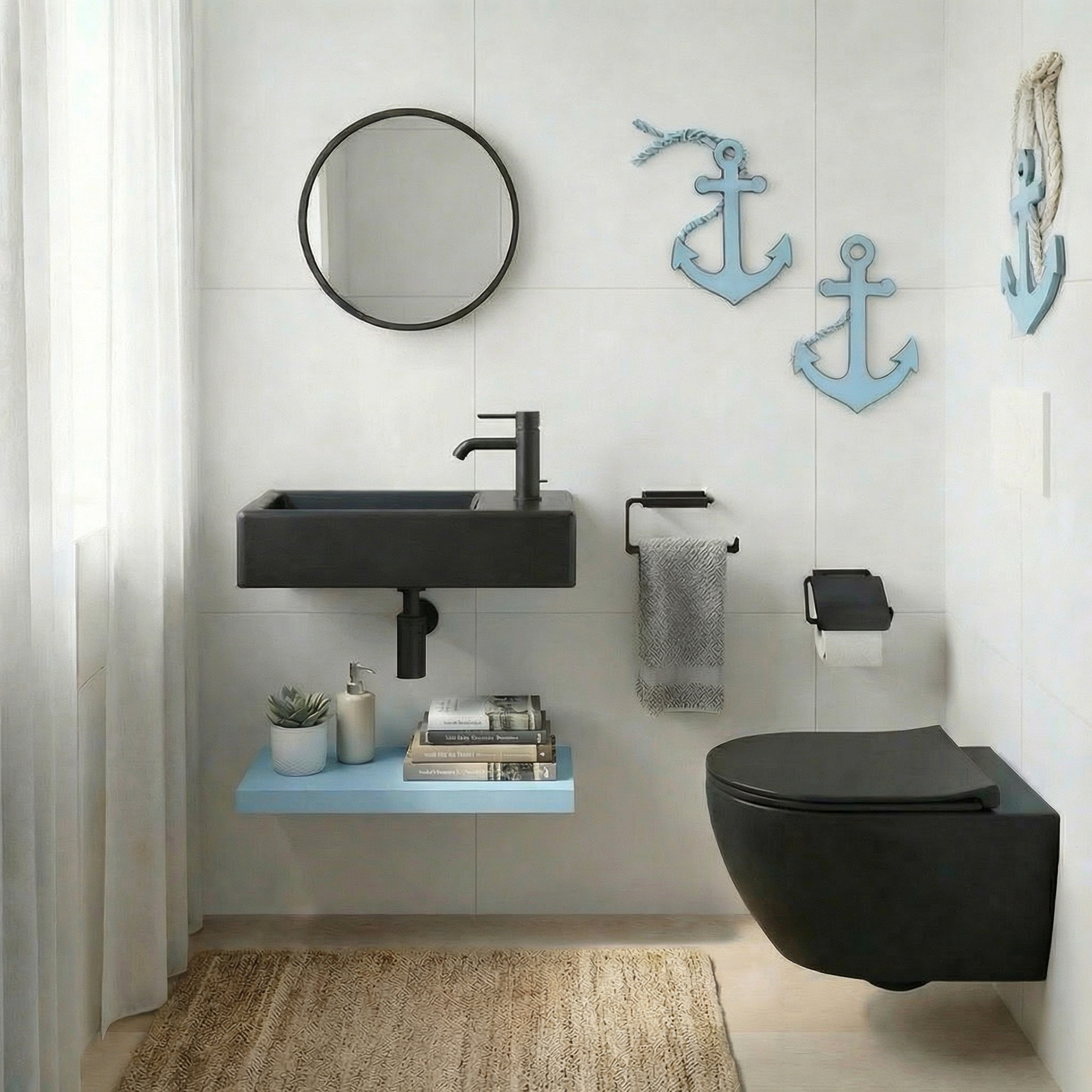 Lave-mains suspendu Brevis Noir 40,5 × 20,5 × 10,5 cm – trou de robinetterie à droite (SATBRE4020SRBKM)