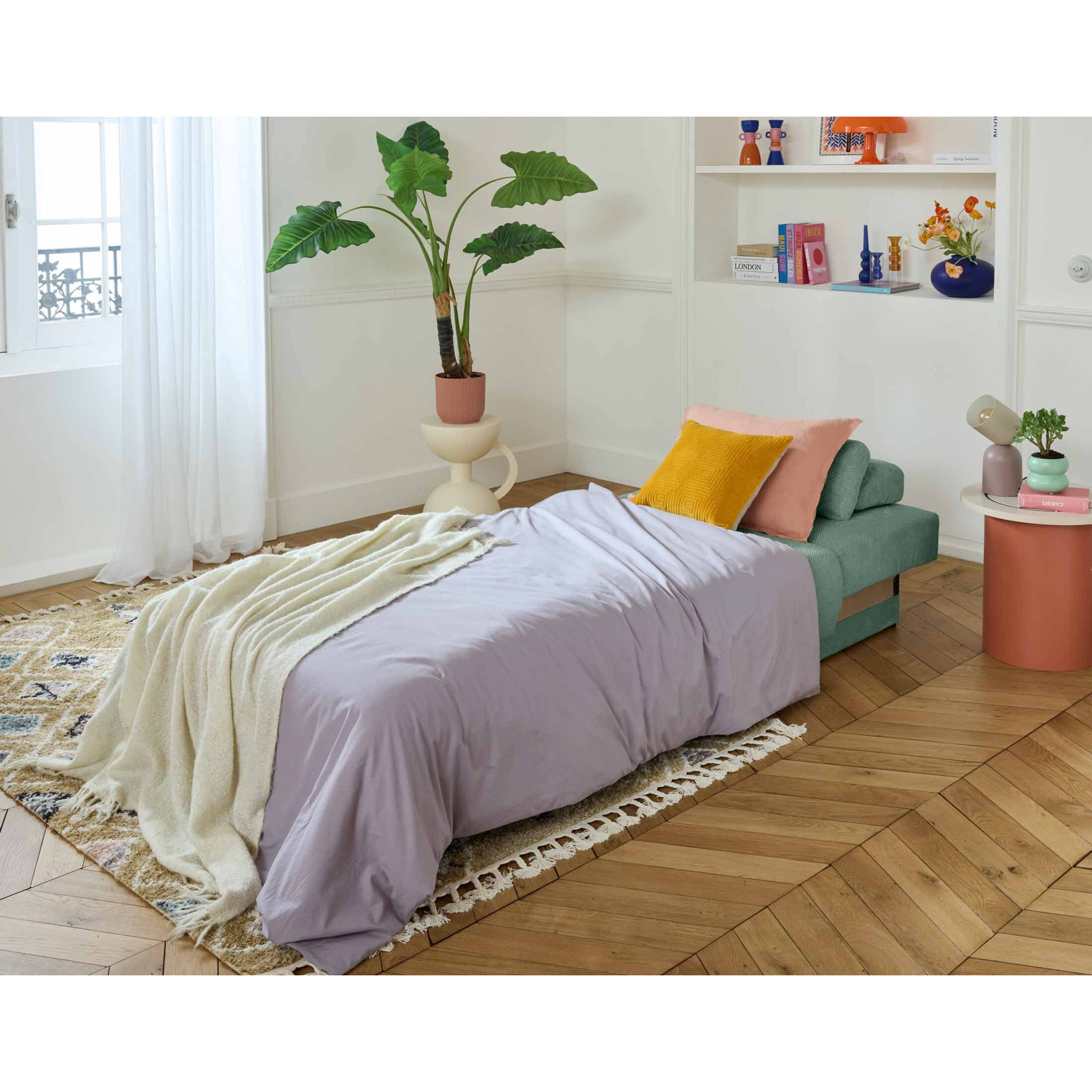 Cristal - fauteuil - convertible avec coffre et grand pouf - en velours texturé - Bleu