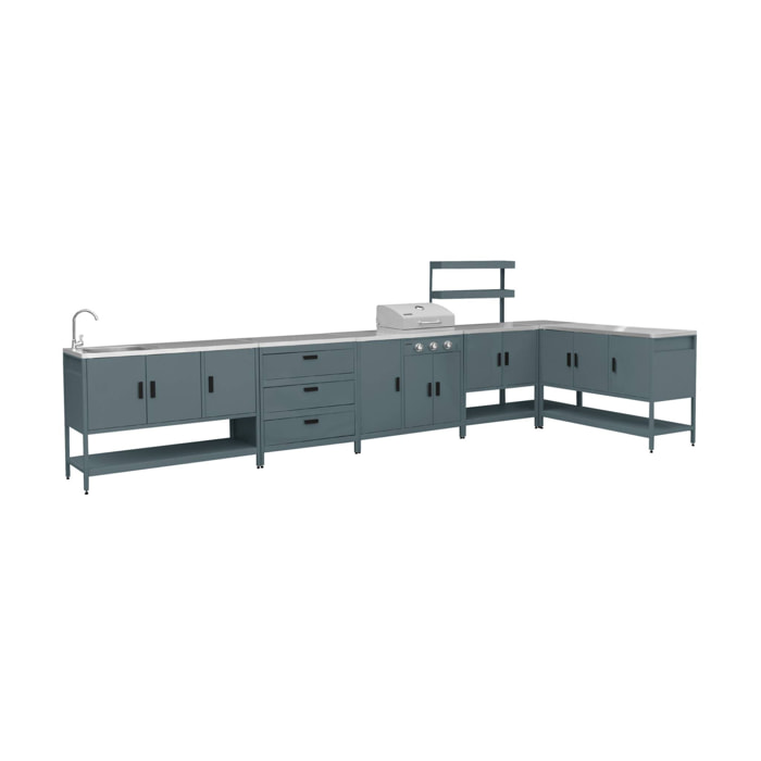 Cuisine extérieure 6 modules avec barbecue en acier inoxydable bleu gris