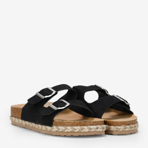 Sandalias planas negras con suela de corcho y esparto