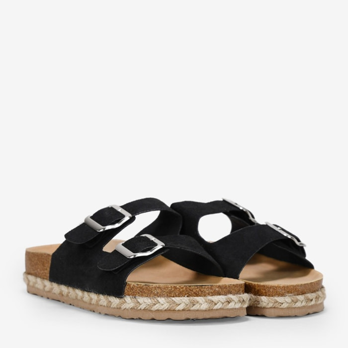 Sandalias planas negras con suela de corcho y esparto