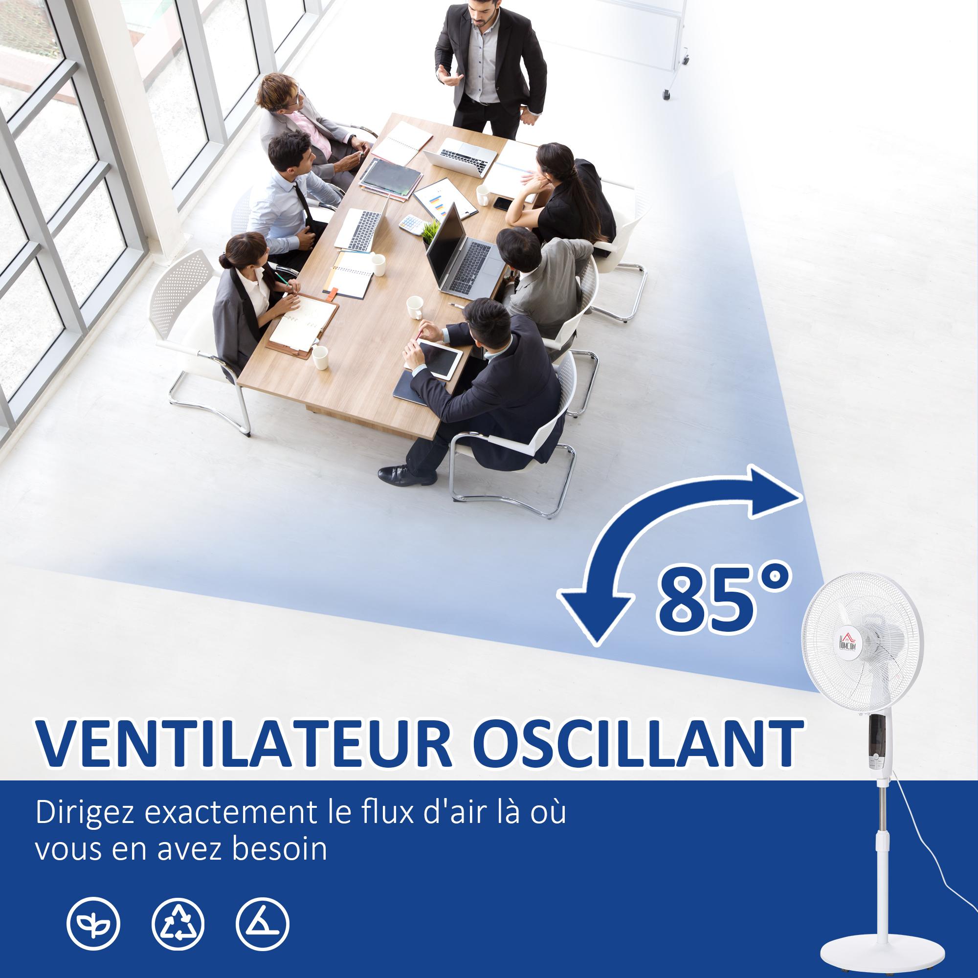 Ventilateur sur pied Ø 45 cm hauteur réglable oscillant silencieux 50 W avec télécommande timer 3 modes 3 vitesses blanc