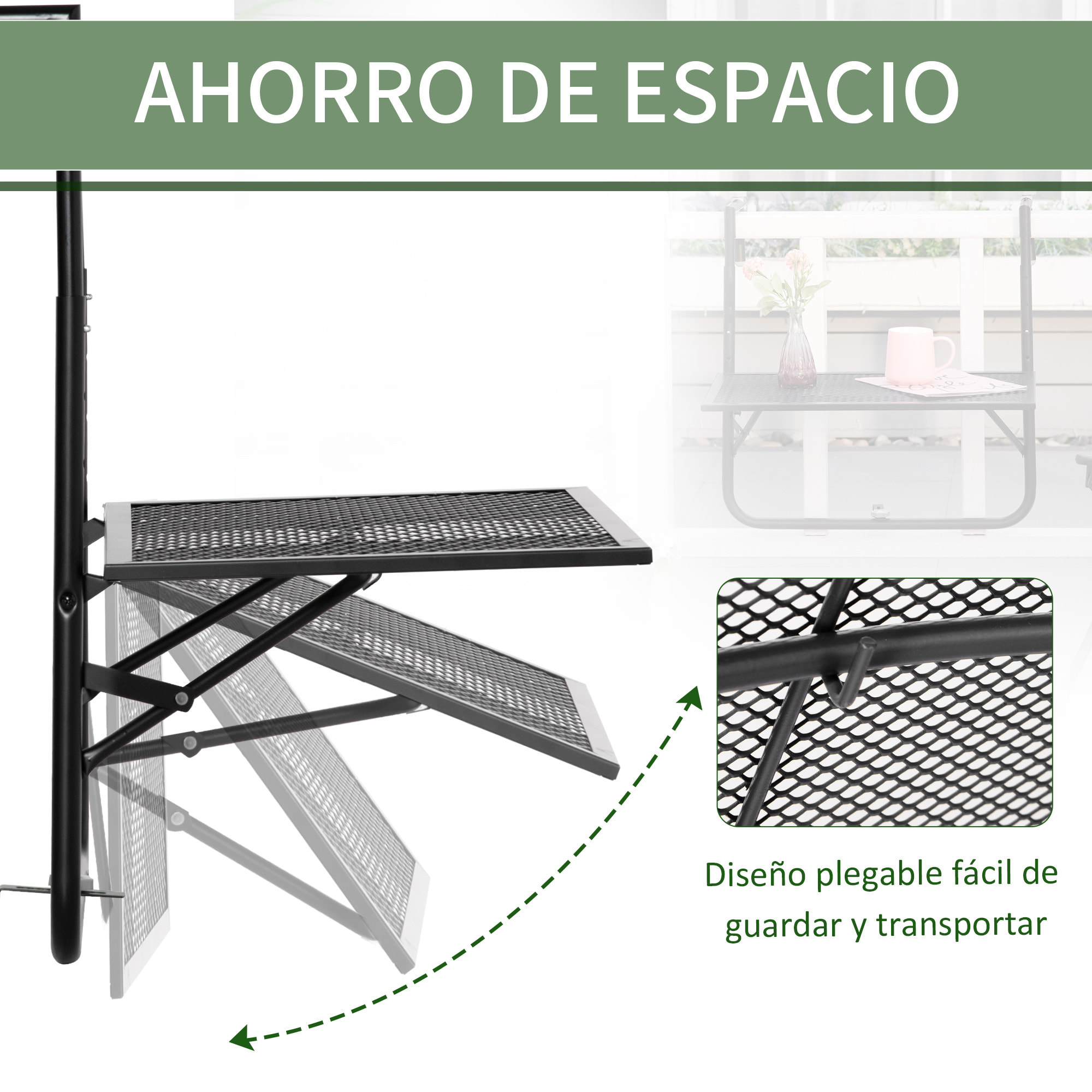Mesa Colgante de Balcón, Mesa Plegable para Balcón de Metal para Barandilla, con Altura Ajustable en 4 Niveles, Carga 10 kg, para Terraza, Jardín, Exterior, 60x60x57-72 cm, Negro