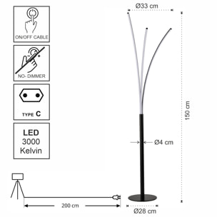 Lampadaire LED Tomasucci SCRATCH, métal noir mat et acrylique blanc, 150 cm, 30W, lumière blanc chaud