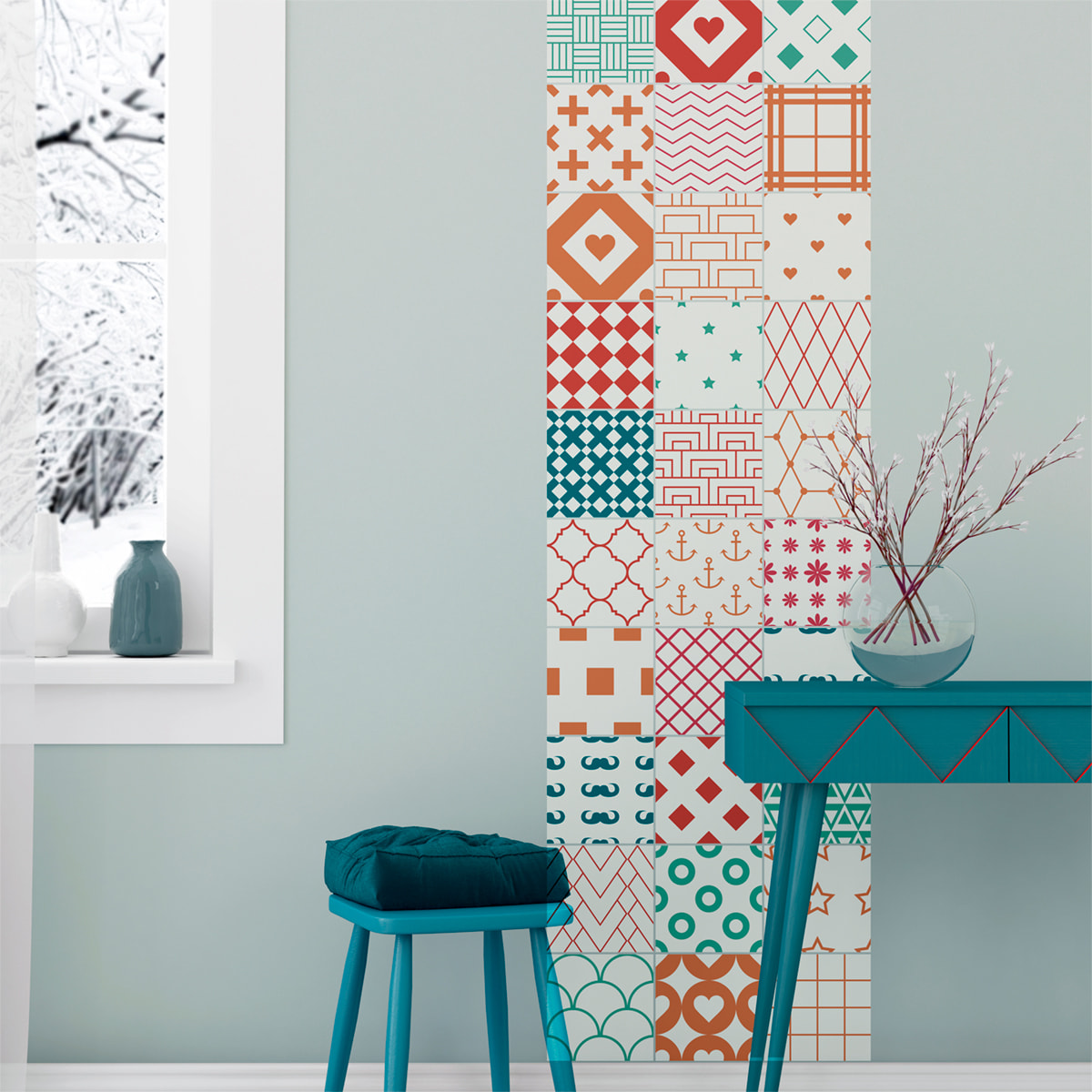 Stickers muraux - Sticker Mural Carrelage adhésif Cuisine Salle de Bain - 30 STICKERS CARREAUX DE CIMENT SCANDINAVE SEMENTTI LAATAT