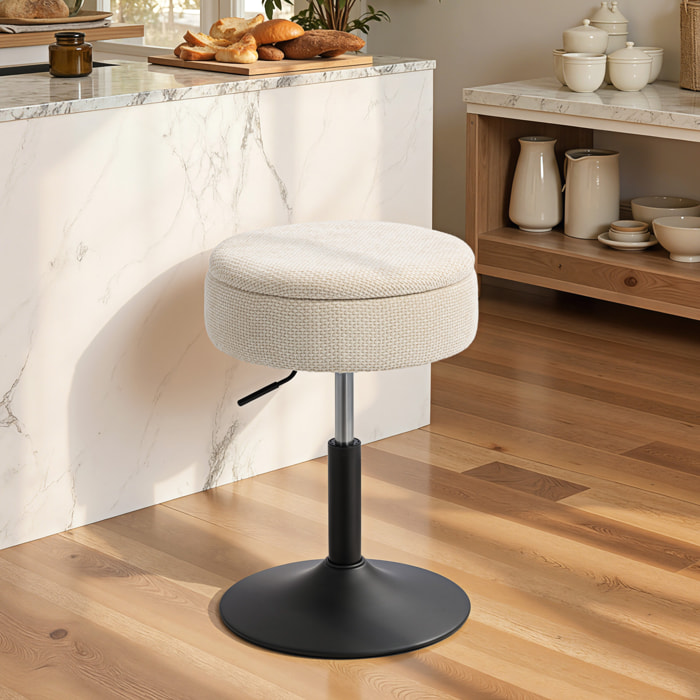 Taburete de Bar con Almacenaje, Altura Ajustable, Taburete de Cocina Redondo, Giratorio, Tapizado en Chenilla, Base de Acero, Diseño Botones, Acolchado, para Salón, Comedor, Oficina, Beige