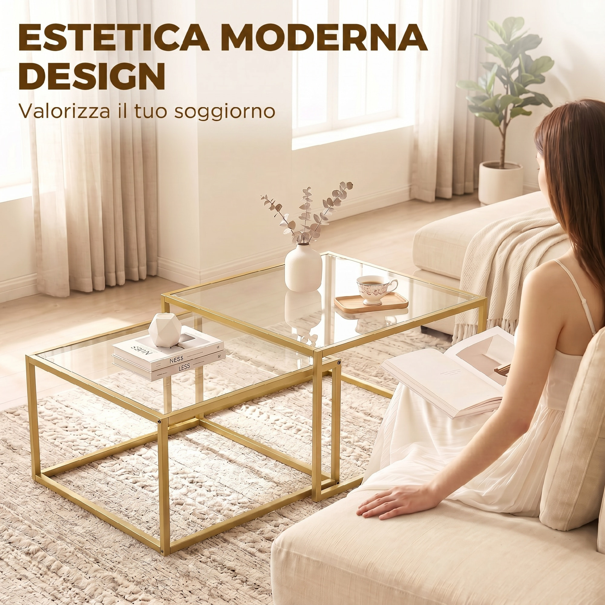 Set de 2 Mesas de Centro Cuadradas, Mesas Nido Modernas con Tablero de Vidrio Templado y Estructura Metálica, Ahorra Espacio, para Salón, Dormitorio u Oficina, 75x75x42 cm, Dorado