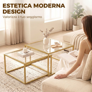 Set de 2 Mesas de Centro Cuadradas, Mesas Nido Modernas con Tablero de Vidrio Templado y Estructura Metálica, Ahorra Espacio, para Salón, Dormitorio u Oficina, 75x75x42 cm, Dorado