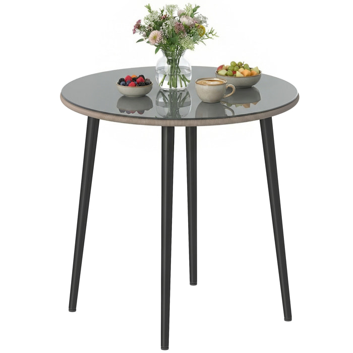 Mesa de Comedor de Jardín Redonda, Mesa de Terraza Exterior 80x80x74 cm, con Tablero de Vidrio Templado con Borde de Ratán, Estructura de Acero, Carga 50 kg, para Patio, Balcón, Gris