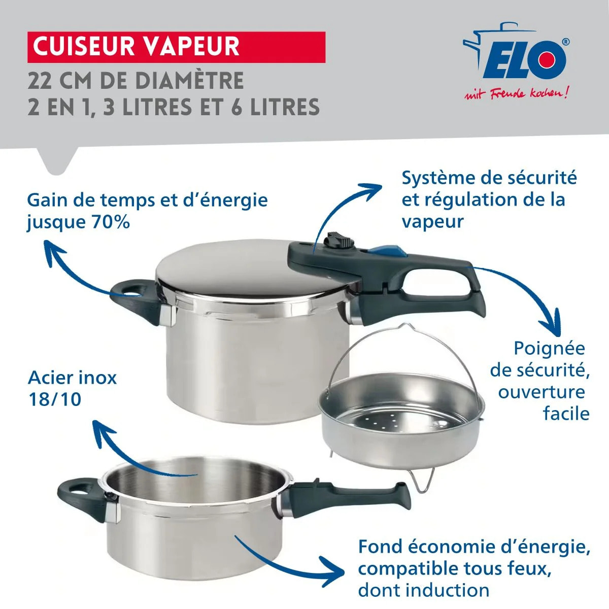 Autocuiseur vapeur en acier inoxydable 18/10 22 cm 3 à 6 litres Elo Praktika Plus XL
