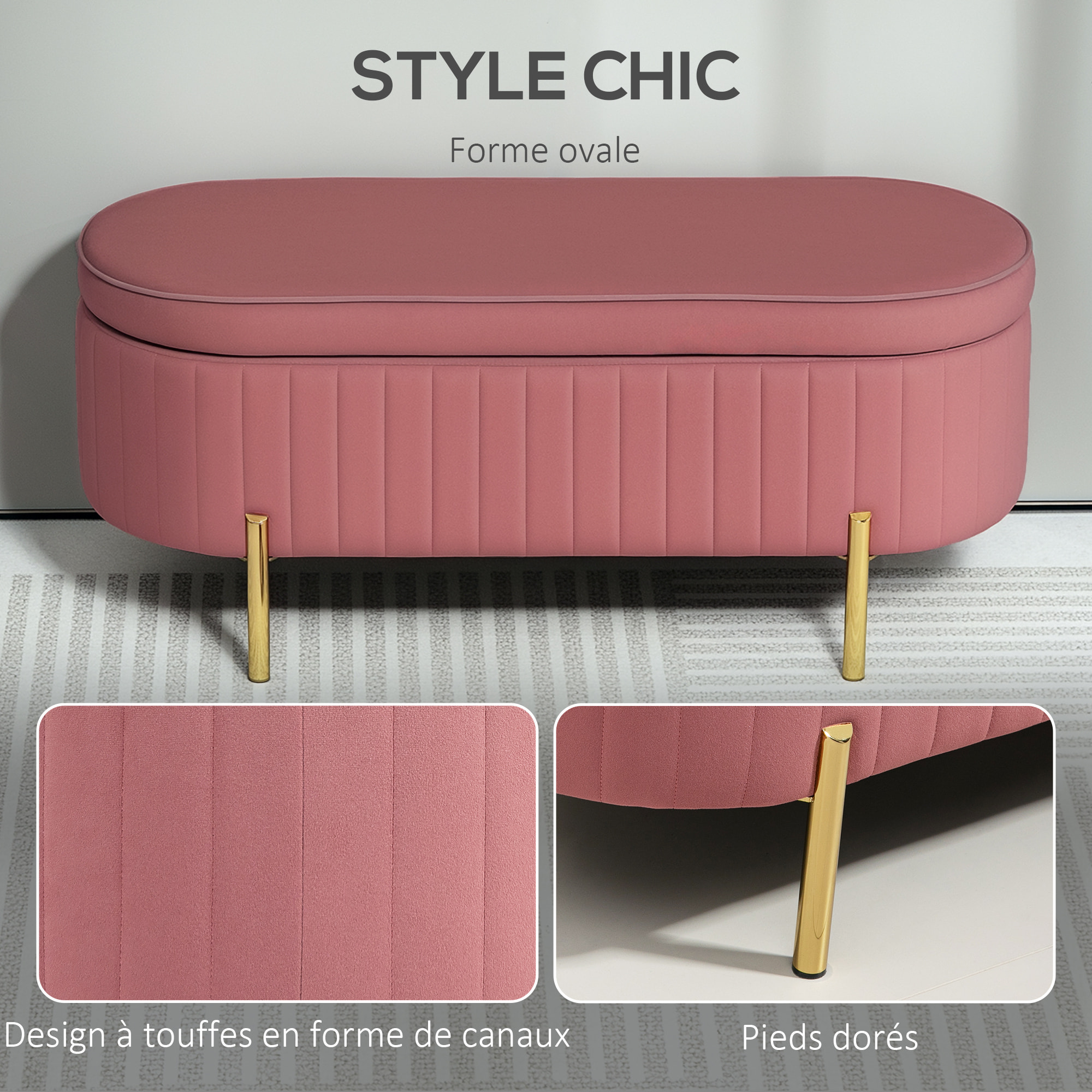 Banquette coffre 2 en 1 design ovale dim. 108x44x43cm velours rose poudré
