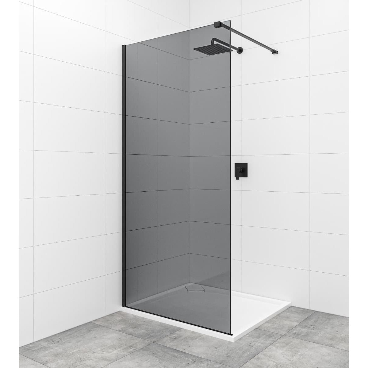 Walk-in 90x200cm Paroi en verre fumé 8 mm anticalcaire, avec bras et profilés noir mat (SATBWI90KSPRC)