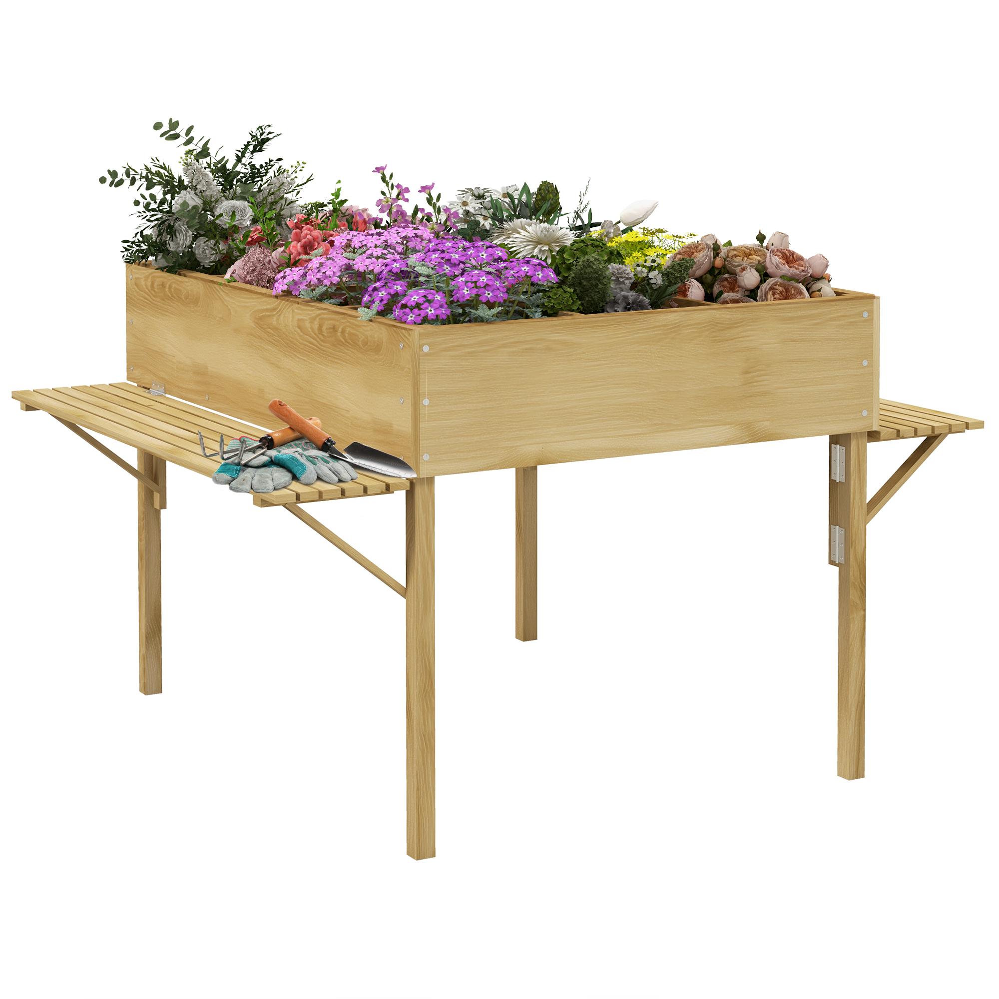 Mesa de Cultivo de Madera Huerto Urbano Elevado 122x91,5x89 cm con 2 Estantes Plegables Tela no Tejida para Cultivo Plantas Flores Verduras Natural